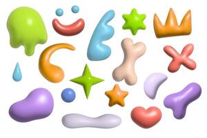 A collection of 3D plastic shapes 3D set includes star, heart, crown, bone, shapeless elements vector