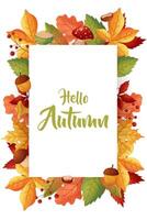 Hello Autumn. Autumn frame, postcard with leaves and mushrooms on white background. vector