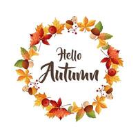 Hello Autumn. Autumn frame with leaves, mushrooms and harvest on white background. vector