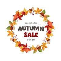 Autumn Sale. Autumn frame with leaves and mushrooms isolated on white background. vector