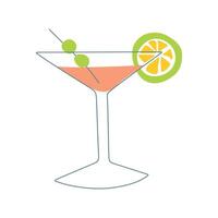 Illustration with glass of Martini in Flat design style. Outline Vacation and Bar drink with Olives and Citrus Slime. Color Graphic Art isolated on White background. Cartoon Alcohol beverage. vector