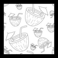 Coconut cocktail with umbrella and straw. Seamless summer Linear pattern. Relax on the beach and at the bar. Hand drawn illustration. background wallpaper paper line doodle coloring vector