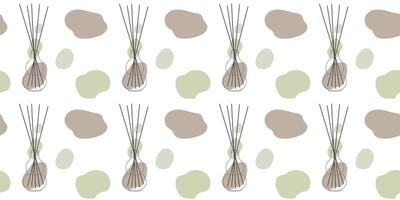 Aroma diffuser seamless pattern, cartoon flat illustration with Abstract color Shapes. Linear Aromatherapy, meditation and home fragrance concept, glass bottle with essential oil, bamboo sticks vector