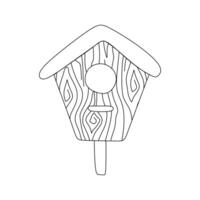 Bird house made of wooden planks on a white background. Simple line drawing by hand. Outline Isolated Illustration. Linear Icon for Coloring book, Web design, Graphic Art, Stickers. vector
