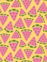 Seamless pattern of watermelon slices on a yellow background, perfect for summer and fruit themes vector