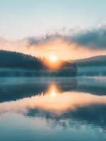 New Day New Beginnings Serene Sunrise Over Misty Lake photo