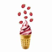 Raspberry soft ice cream with flying berries in crispy waffle cone. Hand painting sweet watercolor illustration isolated on backg vector