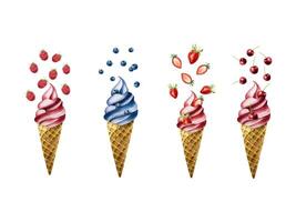Set of ice creams with flying berries in crispy waffle cone. Raspberry, cherry, strawberry, blueberry. Hand painting sweet watercolor illustration isolated on background. For designers, menu, shop, vector