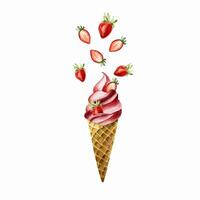 Strawberry ice cream with flying berries in crispy waffle cone. Hand painting sweet watercolor illustration isolated on background. For designers, menu, sho vector
