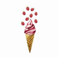 Raspberry soft ice cream with flying berries in crispy waffle cone. Hand painting sweet watercolor illustration isolated on background. For designers, menu, shop, decoration, restaurant, fo vector