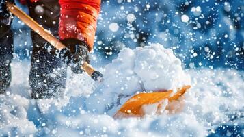 Hands working hard to clear snow during winter storm photo