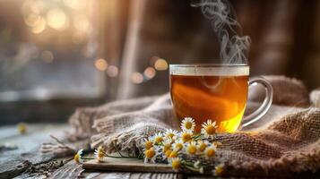 Soothing Chamomile Tea on Cozy Table by Harvested Flowers photo