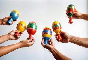 group of hands holding maracas on white background photo