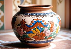 a hispanic pottery talavera vase with a colorful design on it photo