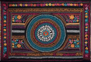 an embroidered hispanic traditional patterns wall hanging with colorful designs photo