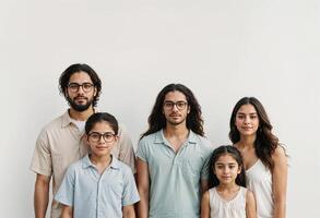 a hispanic family of four standing together in front of a white background photo