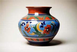 a hispanic pottery talavera vase with colorful designs on the outside photo