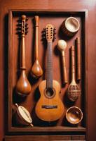 various traditional hispanic musical instruments in a wooden box photo