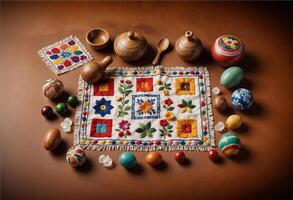 a table with various traditional hispanic cultural items including a tablecloth, a bowl, and others photo