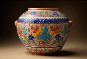 a large hispanic pottery talavera vase with colorful designs on the sides photo