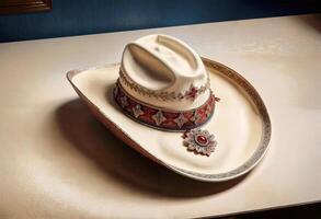 a mexican charro hat sits on a table with a blue and white background photo