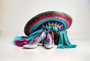 a pair of dance shoes, colorful scarf and a sombrero hat are on display photo
