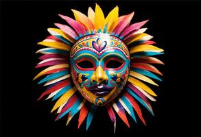 a colorful hispanic traditional mask with feathers on a black background photo
