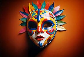 a colorful hispanic traditional mask with feathers on a plain background photo