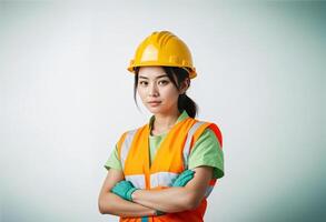asian female construction worker with her arms crossed photo