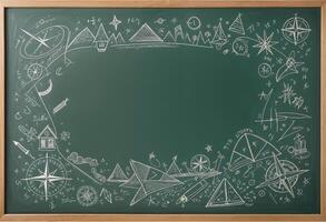 a chalkboard with a chalk drawing of a compass, a globe, and other items photo