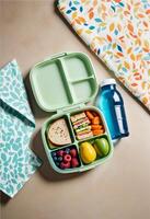 a lunch box with fruit, water bottle and a sandwich photo