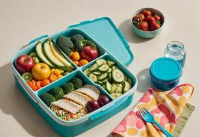 a blue lunch box with fruit and vegetables photo