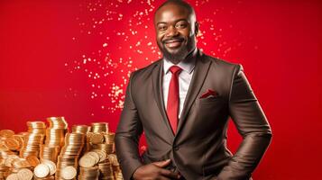 black smiling man with short hair and a neat beard stands in a suit with a red tie and scarf on a red background and a pile of folded coins. concept of winning, profit photo
