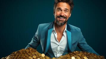 40-year-old Caucasian man with a neat look smiles, looking at the camera with his hands, hugging a pile of coins in front of him, with a pleasant surprise on his face from unexpected wealth photo