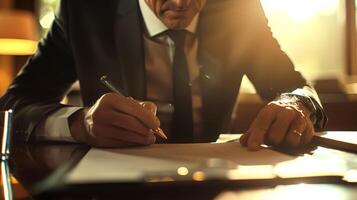 close up of man over forty years old in suit, pen in hand, man carefully reads documents on table in front of him, he is illuminated by the sunset or dawn sun. concept signing an agreement or contract photo