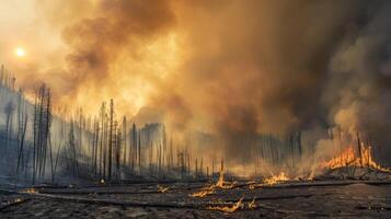 Landscape ravaged by wildfires, with billowing smoke and charred trees, destructive impact of climate change-induced wildfires on ecosystems photo