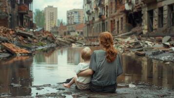 Mother and child sitting on the ground in front of rubble, surrounded by water with destroyed buildings in the background. photo