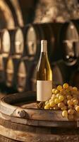 White wine bottle mock up on on top of an old barrel, rows of barrels inside a winery or castle-like building, copy space and place for logo photo