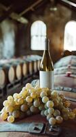 White wine bottle mock up on on top of an old barrel, rows of barrels inside a winery or castle-like building, copy space and place for logo photo