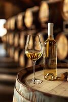 White wine bottle mock up on on top of an old barrel, rows of barrels inside a winery or castle-like building, copy space and place for logo photo