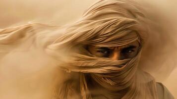 Hiker caught in a desert sandstorm, covering face with a scarf and struggling to move forward with swirling sand, extreme weather photo