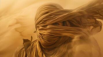 Hiker caught in a desert sandstorm, covering face with a scarf and struggling to move forward with swirling sand, extreme weather photo