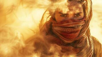 Hiker caught in a desert sandstorm, covering face with a scarf and struggling to move forward with swirling sand, extreme weather photo