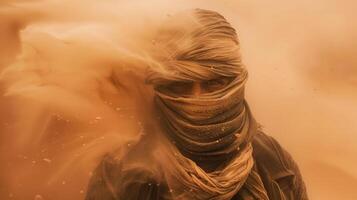 Hiker caught in a desert sandstorm, covering face with a scarf and struggling to move forward with swirling sand, extreme weather photo