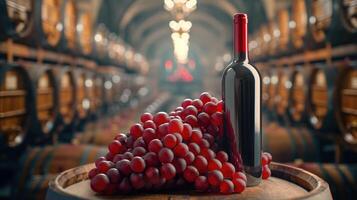 Red wine bottle mock up on on top of an old barrel, rows of barrels inside a winery or castle-like building, copy space and place for logo photo