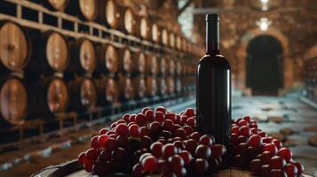 Red wine bottle mock up on on top of an old barrel, rows of barrels inside a winery or castle-like building, copy space and place for logo photo