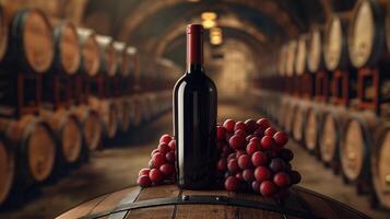 Red wine bottle mock up on on top of an old barrel, rows of barrels inside a winery or castle-like building, copy space and place for logo photo