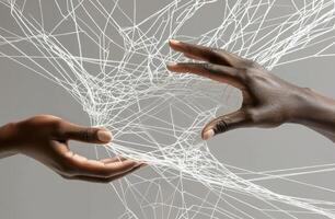 Photo shows hands weaving strings together, forming an intricate web. Metaphor of various connections between people through communication, help, love, care