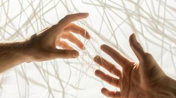 Photo shows hands weaving strings together, forming an intricate web. Metaphor of various connections between people through communication, help, love, care