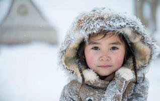 Inuit young child dressed in traditional fur clothing, standing proudly before a snow-covered yurt, peoples in extreme climates photo